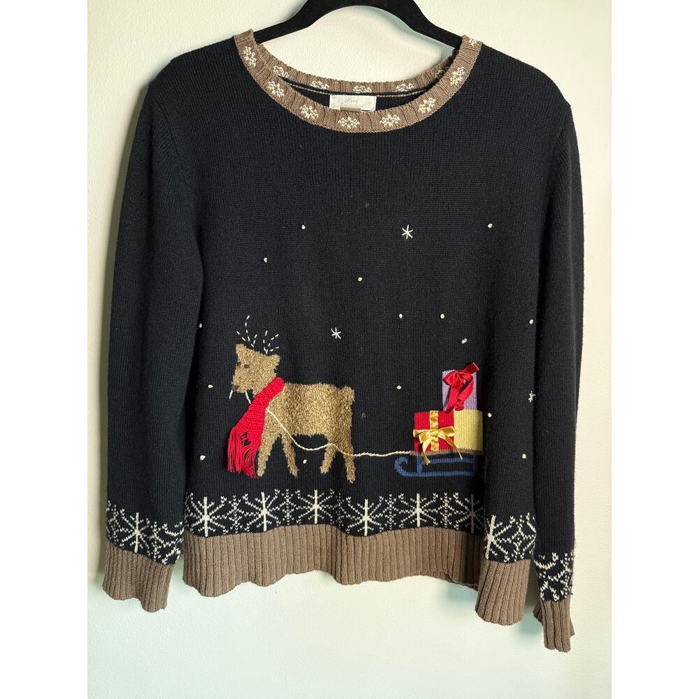 CHRISTOPHER & BANKS | 2005 Reindeer Sleigh Novelty Christmas Sweater | Medium